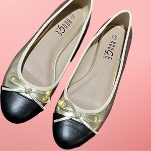 Elegant Rouge Black & Gold Flat Slip On Shoes 9 Bow Front Detail.Comfy and chic